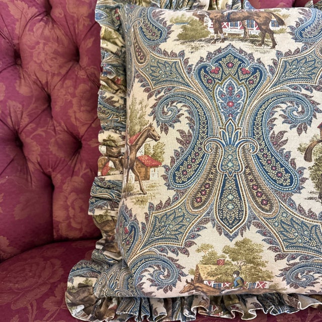 Extra Large Pillow With Equestrian Toile Fabric For Sale - Image 6 of 7