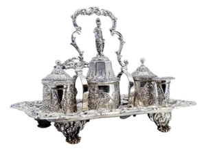 Inkwell in Chiseled Silver with Pen Holders and Tanks and Bell