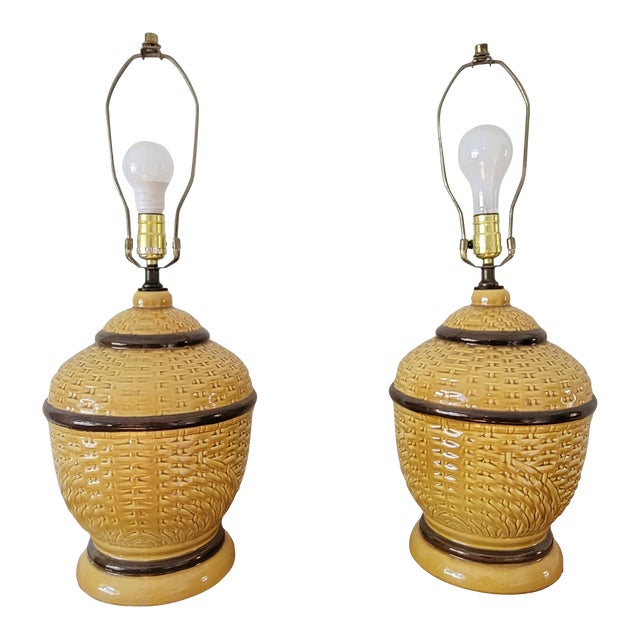 A Large Pair of Ceramic Faux Wicker Lamps For Sale