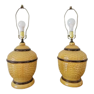 A Large Pair of Ceramic Faux Wicker Lamps