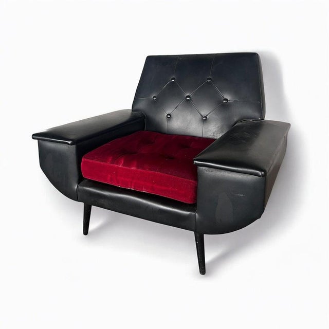 Mid-Century Modern Black Vinyl Chair with Red Seat Cushion, 1950s For Sale - Image 6 of 7
