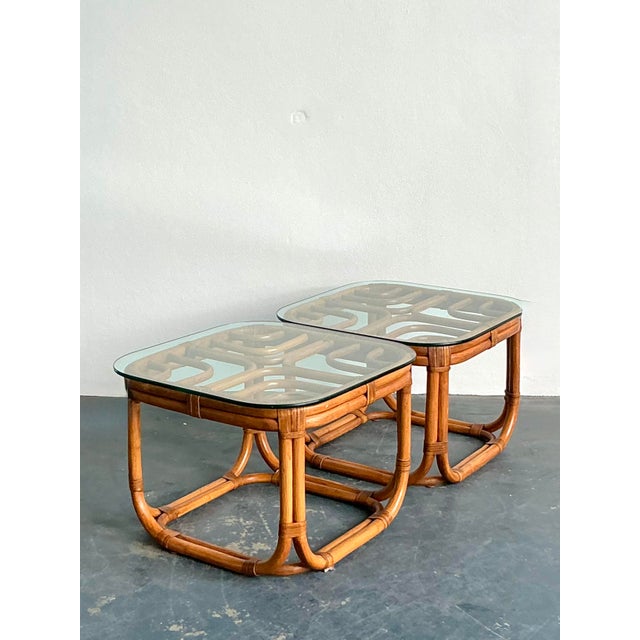 Mid-Century Modern Vintage Boho Brown Jordan Bent Rattan Side Tables - A Pair For Sale - Image 3 of 7