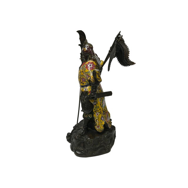 Vintage Cloisonne Yellow Enamel General Guan Yu Warrior Metal Statue For Sale - Image 13 of 18