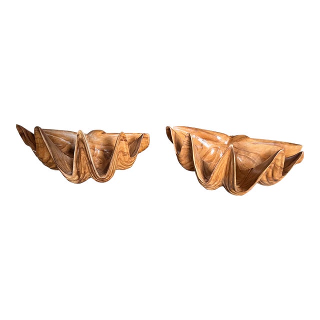 Pair of 1970s Oversized Nautical Wooden Shell Bowls For Sale
