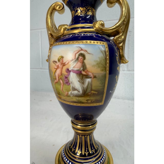 Ceramic Antique Hand Painted Royal Vienna Porcelain Cobalt Gold Lidded Vase Mini Urn For Sale - Image 7 of 16