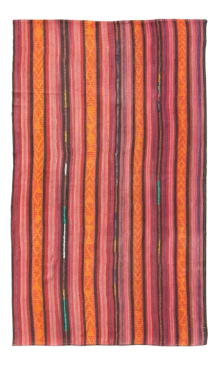 Vintage Flat-Weave Turkish Kilim in Charcoal, Orange, Purple, Red and Pink