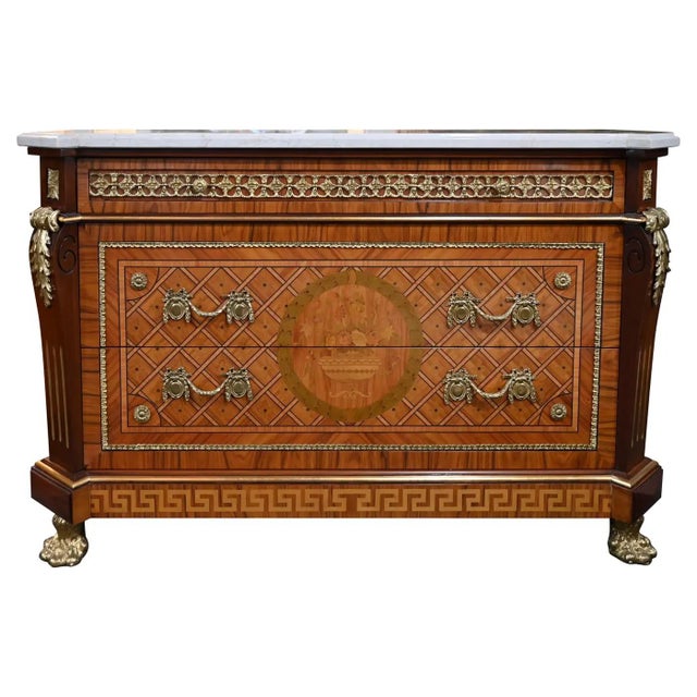 Brown Louis XVI Style Ormolu Mounted Commode With Italian White Marble Top For Sale - Image 8 of 8