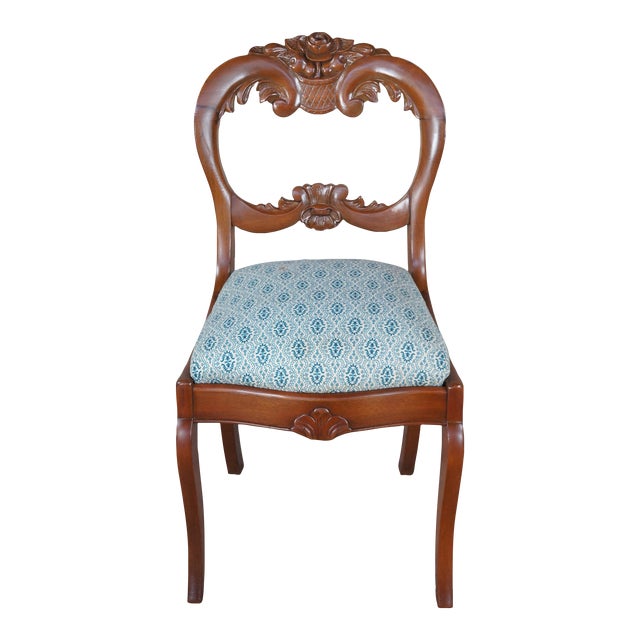 Early 20th Century Antique Victorian Rose Carved Walnut Balloon Back Parlor Vanity Desk Chair For Sale