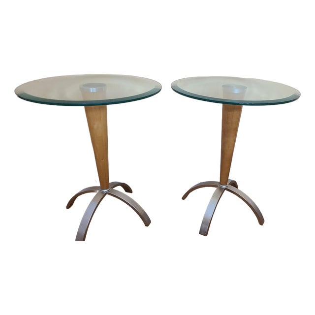 Pair Mid Century Modern Maple and Glass End Table For Sale