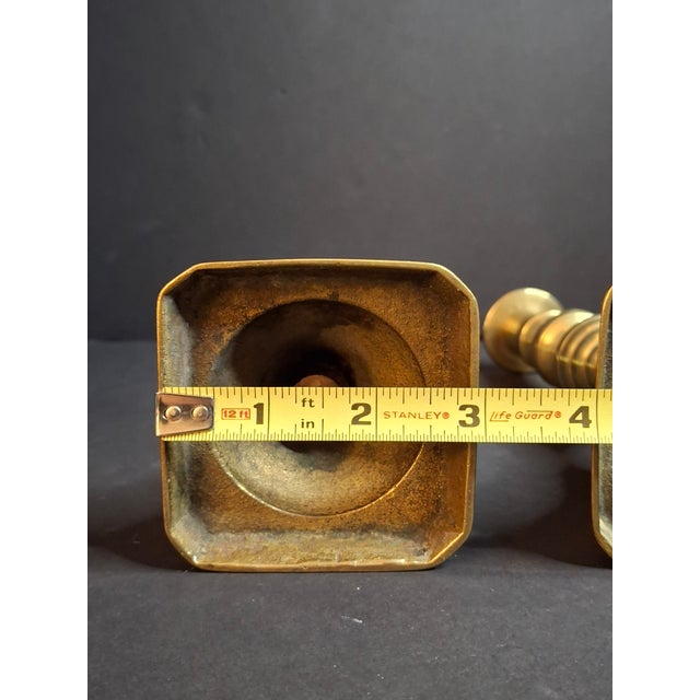 English Antique English Brass Candlesticks Pair Multi-Knop Square Step Base 18th/19th C. For Sale - Image 3 of 6