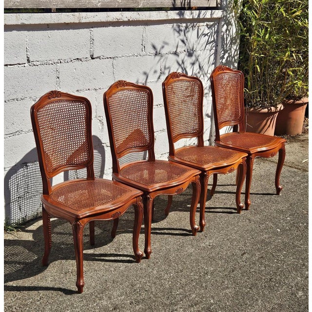 Vintage Louis XV Style Wood and Cane Dining Chairs, 1980s, Set of 4 For Sale - Image 5 of 18