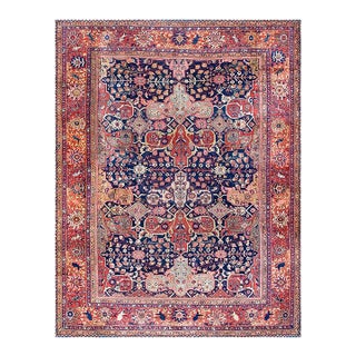 1930s Blue Navy Floral Design Antique Persian Sultanabad Rug 8'10" X 11'8" Handknotted Wool Carpet For Sale