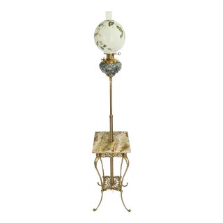 Excellent Antique Brass & Marble Piano Lamp by Bradley Hubbard With Hand Painted Globe Shade For Sale