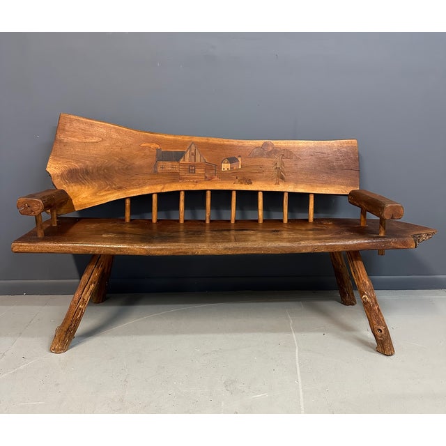 1970s Outsider Artist Country Solid Slab Bench With Marquetry Barn Scene For Sale - Image 4 of 11