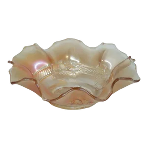 Dugan Apple Blossom Style Marigold Carnival Glass Ruffled Bowl Candy Dish