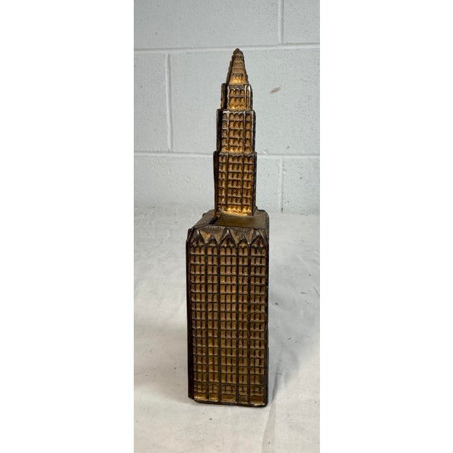 Figurative Antique 1910 Gold Tone Cast Iron Still Coin Penny Bank Woolworth Building Kenton For Sale - Image 3 of 10