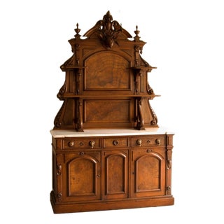 Massive American Renaissance Revival Walnut Hunt Sideboard With Carved Stag Head and Marble Top, Mid-19th Century For Sale