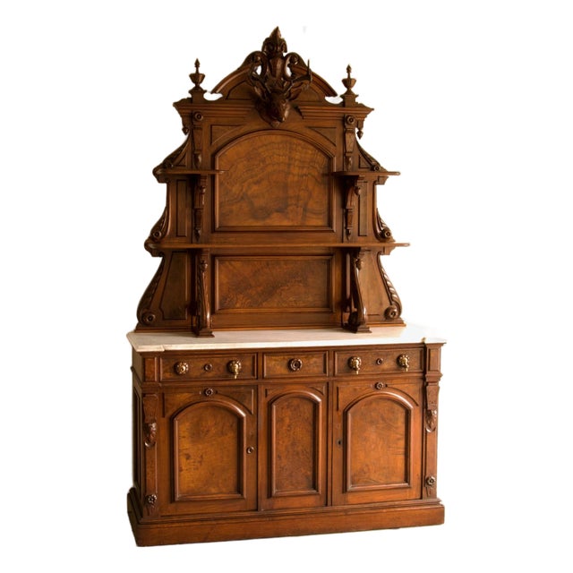 Massive American Renaissance Revival Walnut Hunt Sideboard With Carved Stag Head and Marble Top, Mid-19th Century For Sale