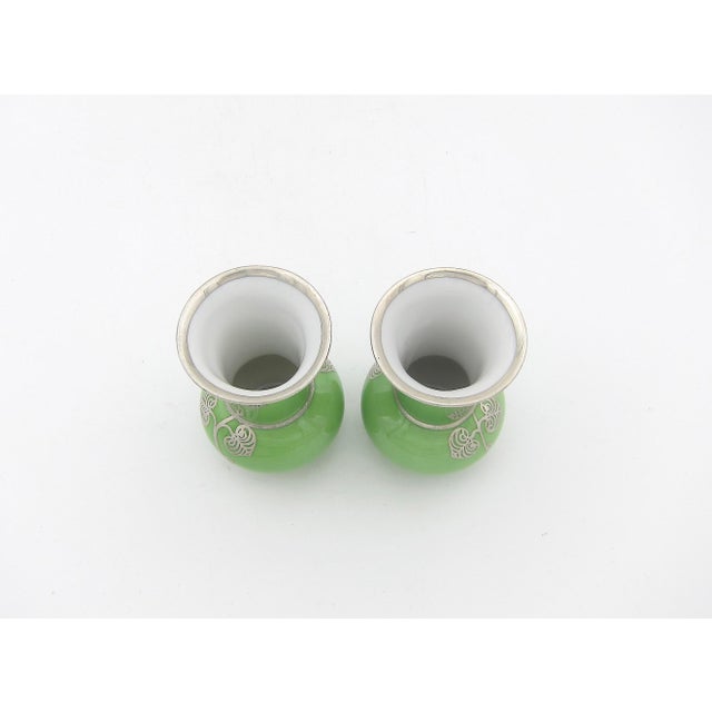 Ceramic Manfred Veyhl Silver Overlay Art Deco Vase Pair in Green Porcelain For Sale - Image 7 of 10