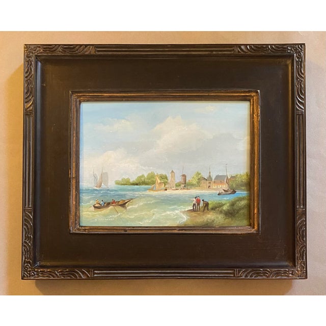 Realism Satori Gregorakis Oil Painting of a Dutch Riverscape With Sailboats and Figures For Sale - Image 3 of 3
