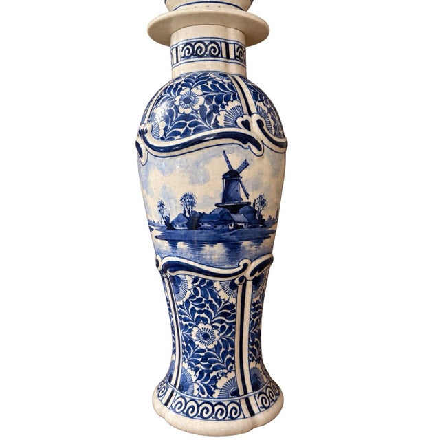 Royal Delft Antique 1911 Royal Delft De Porceleyne Fles Lidded Vase With Panoramic Dutch Landscape For Sale - Image 4 of 9
