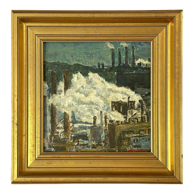 Original Signed Industrial Cityscape Painting on Board C1976 For Sale