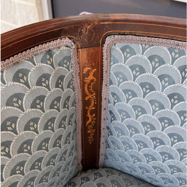 Early 20th Century Inlaid Barrel Back Chair With Scalloped Blue Upholstery For Sale - Image 9 of 14