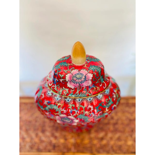 Ceramic Vintage Chinese Famille-Rose Jar Arabesque on Red Featuring Lotus Flowers For Sale - Image 7 of 12