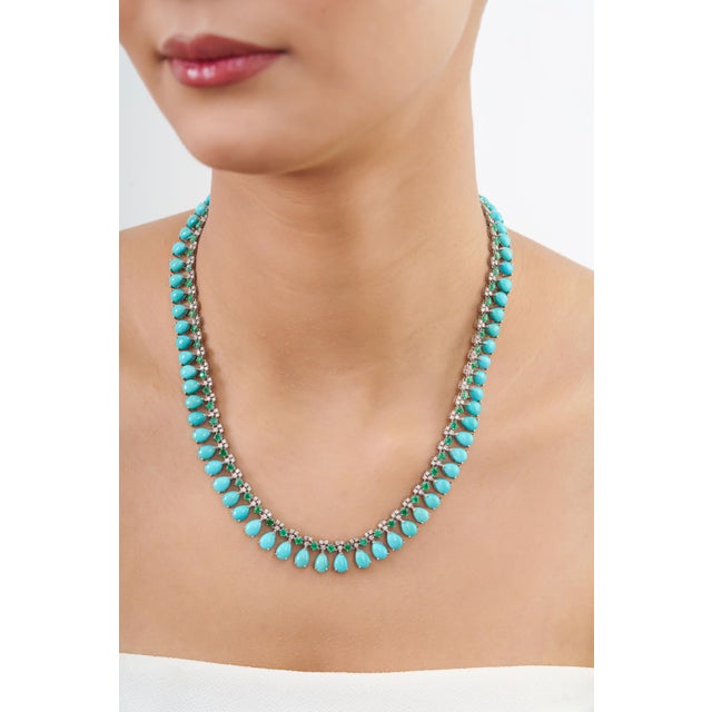 Turquoise Contemporary 47.9ct Turquoise, Emerald & 2.1ct Diamond 14k White Gold Wedding Necklace For Sale - Image 8 of 17
