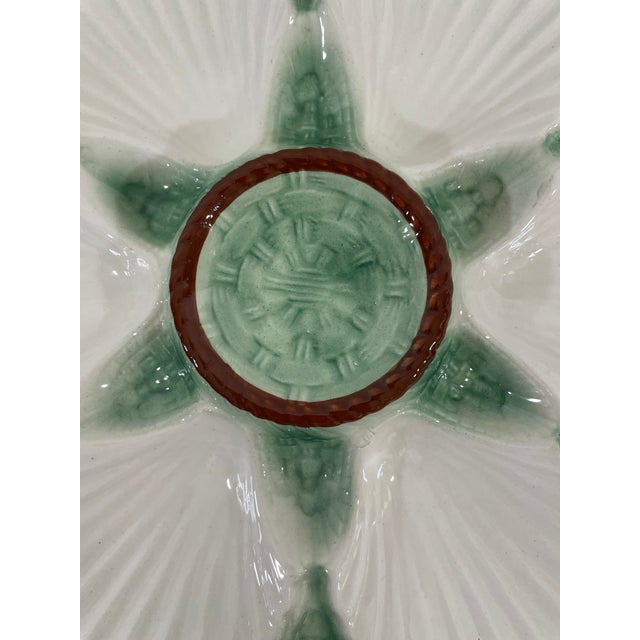 1930s French Longchamp Green and White Majolica Oyster Plate For Sale - Image 6 of 14