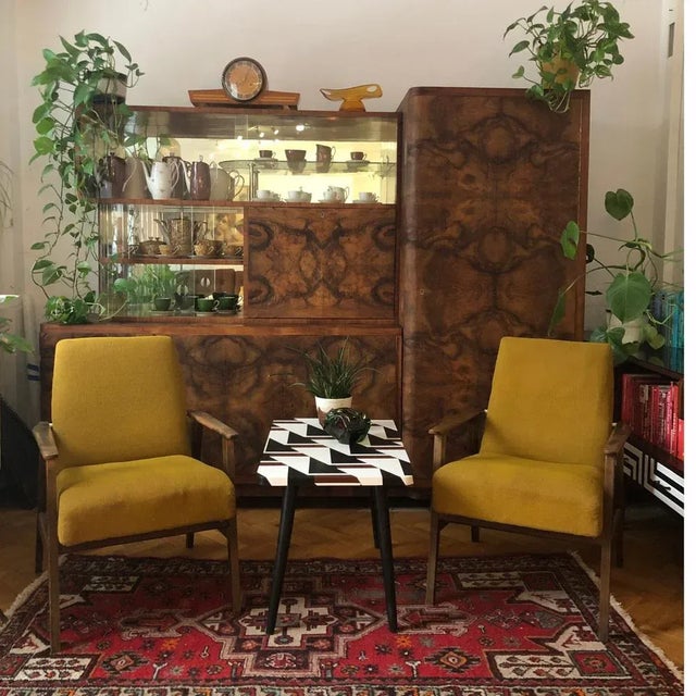 Coffee table with a hand-painted top- contemporary Op Art motif (acrylic paint with satin lacquer Removable black turned...