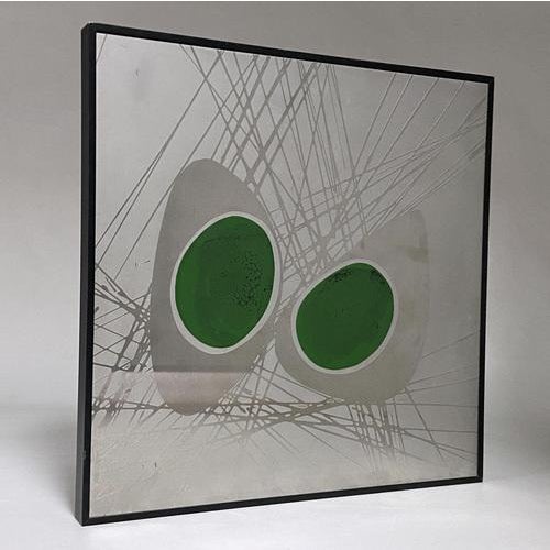 Abstract paiting on steel is created by etching and enamel. The artist paints with acid directly onto the polished metal...
