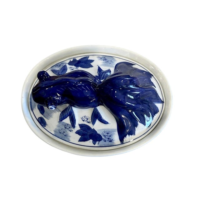 Chinoiserie Chinoiserie Blue & White Chinese Koi Fish Oval Vessel / Tureen / Covered Dish / Box With Lid For Sale - Image 3 of 10