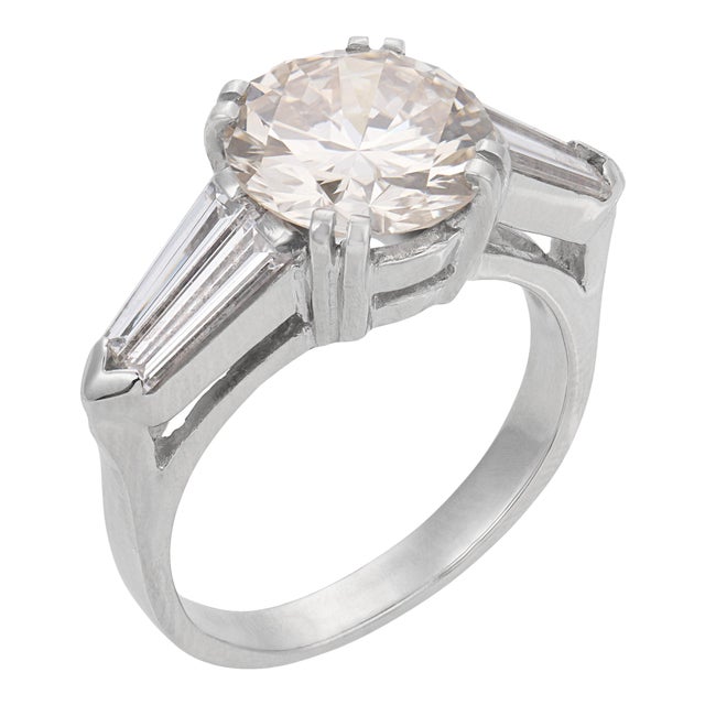 1960s Mid Century Gia 2.89 Carat Diamond Platinum Engagement Ring, Size 6 For Sale