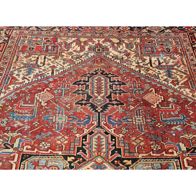 19th Century Persian Heriz Serapi Rug, Hand-Knotted Wool, Geometric Pattern, Red & Green Vegetable Dyes, 9x12 For Sale In Chicago - Image 6 of 13