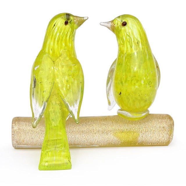 Beautiful vintage Murano hand blown bright yellow, controlled bubbles and gold flecks Italian art glass love birds...