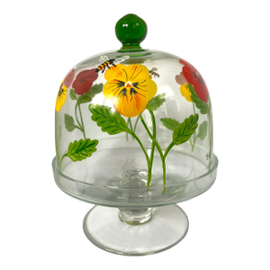 Signed and Hand-Painted Glass Cake or Dessert Stand With Cloche Lid Decorated With Flowers and Bees
