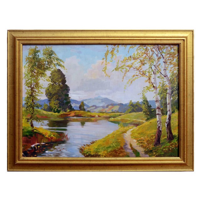 Serene oil painting of a lake by listed artist Karl Lechner (German, 1890-1974). Karl Lechner was known for painting...