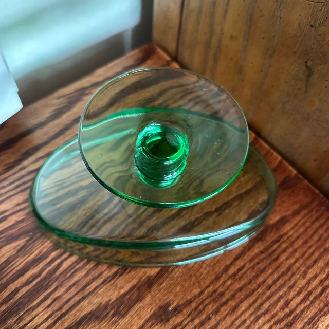 Glass Vintage Fostoria Glass Co. Vesper Green Footed Candy Jar & Cover, Also Known as a Covered Compote Bowl. For Sale - Image 7 of 10