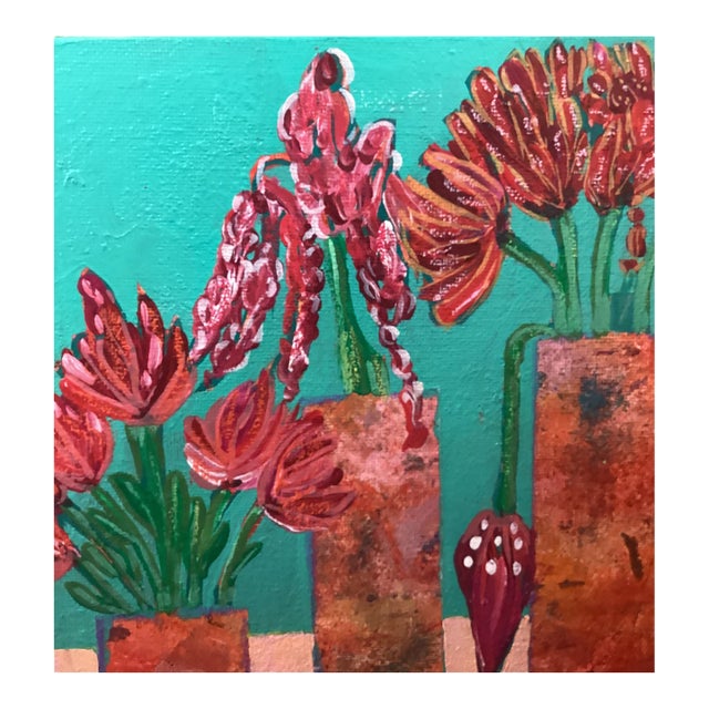 Abstract Floral Vase Painting Teal Coral Mid Century Modern Wall Art 8x8 For Sale
