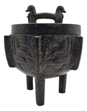 Vintage Chinese Archaistic Brass Ding-Form Tripod Incense Burner With Lid (6.5")