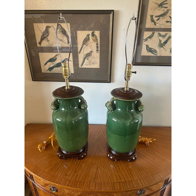 Vintage Green Glazed Ceramic Urn Lamps With Sculptural Fruit Handles - a Pair For Sale In Phoenix - Image 6 of 8