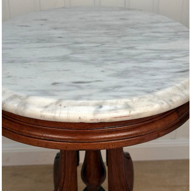 Brown Antique Victorian Mahogany Oval Marble Top Parlor Side Table For Sale - Image 8 of 12
