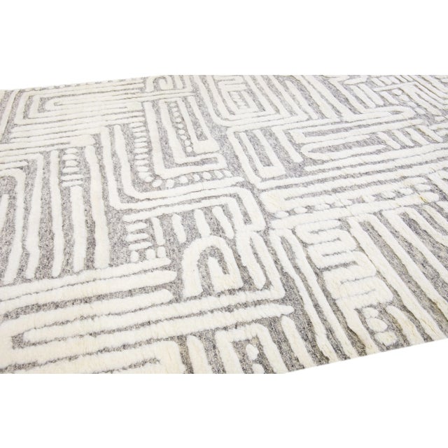 Textile Modern Moroccan Style Handmade Ivory Wool Rug With Abstract Motif by Apadana For Sale - Image 7 of 8