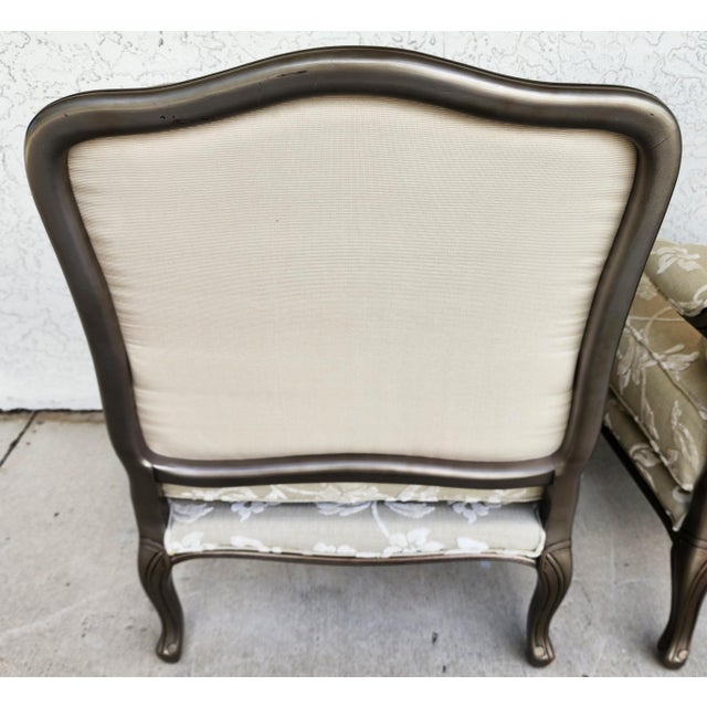 Vintage French Louis XV Armchairs Damask Linen Pair For Sale - Image 9 of 16