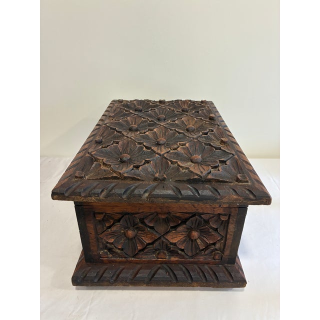 Vintage Hand-Carved Floral Wooden Chest For Sale - Image 9 of 16