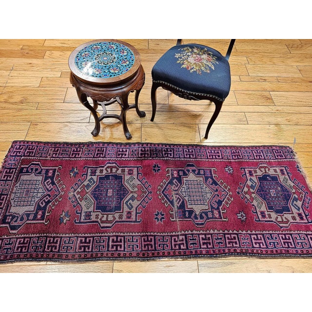 Red Vintage Turkish Runner, Hand-Knotted Wool, Geometric Design, 1920s For Sale - Image 8 of 10