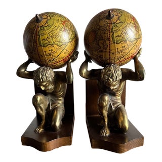 20th Century MCM Brass Hercules and Globe Bookends For Sale