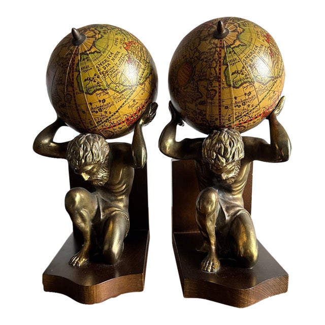 20th Century MCM Brass Hercules and Globe Bookends For Sale