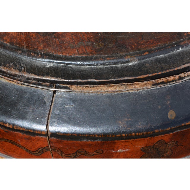 Vintage Asian Black & Brown Bamboo / Wood 3 Tier Wedding Basket With Painted Sides & Top Scene For Sale - Image 14 of 17